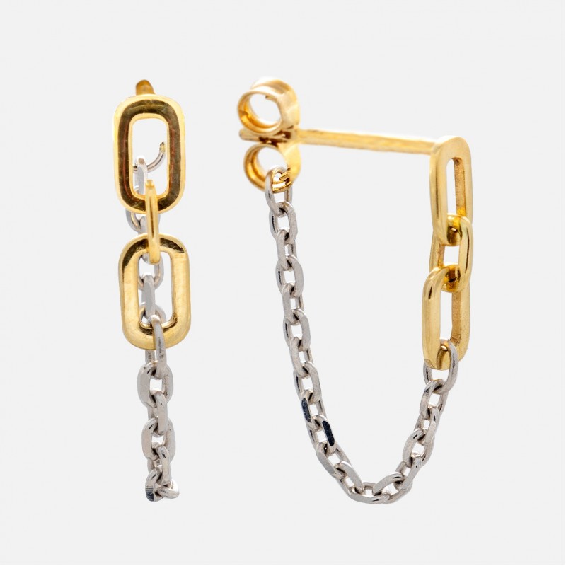 Solid Gold Mixed Metal Chain Dangle Huggies